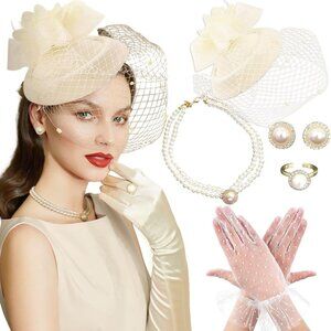 Champagne Tea Party Hats for Women Lace Gloves Pearl Necklace Earrings Gift